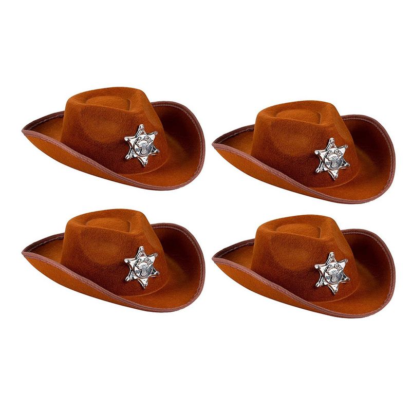 Blue Panda Cowboy Sheriff's Hat for Kids - 4-Pack Novelty Children Cowboy Western Hats with Badge for Birthdays, Party Favors, Brown
