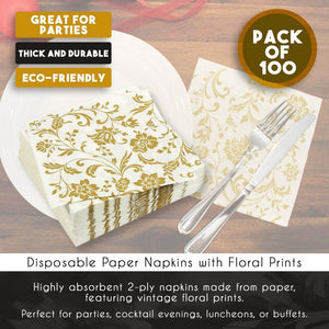 Gold Floral Paper Napkins for Anniversary Party (6.5 x 6.5 In, White, 100 Pack)
