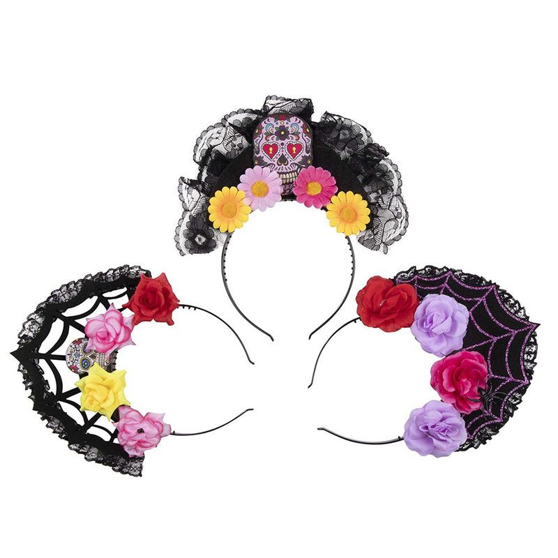 Day of the Dead Headbands Sugar Skull Rose and Black Lace Crowns (3 Pack)