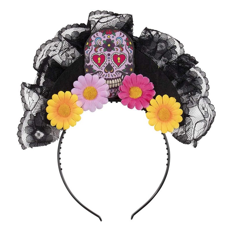 Day of the Dead Headbands Sugar Skull Rose and Black Lace Crowns (3 Pack)