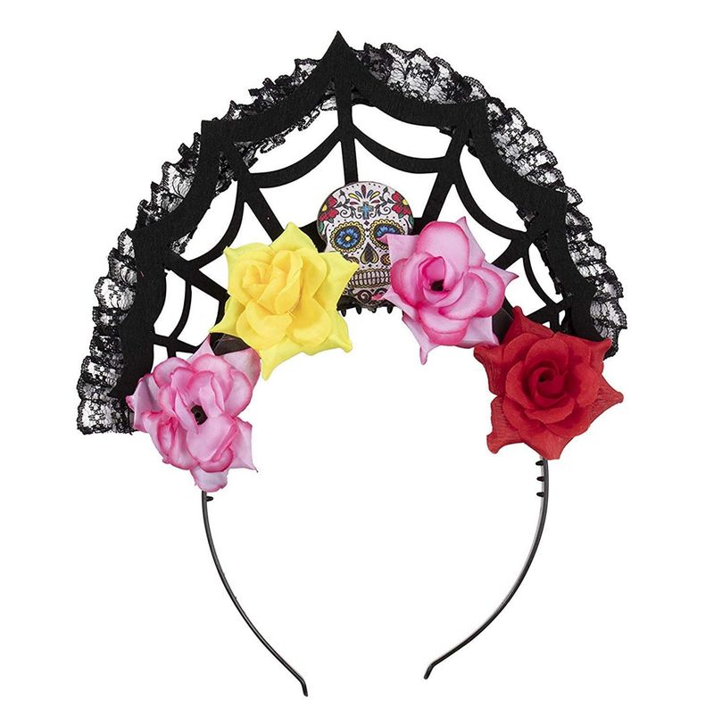 Day of the Dead Headbands Sugar Skull Rose and Black Lace Crowns (3 Pack)