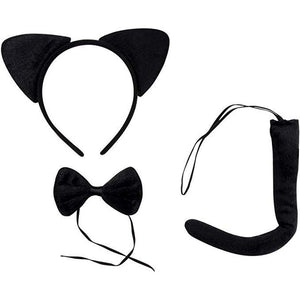 Halloween Black Cat Costume - 2-Set Cat Ears Headband Tail and Bow Tie, Animal Cosplay Kit