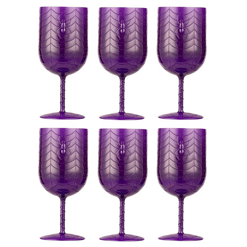 Halloween Plastic Wine Glasses - 6-Pack Party Goblets for Halloween Party Supplies, Purple, Scary Spider Design, 16-Ounce, 3.2 x 3.2 x 7.5 inches