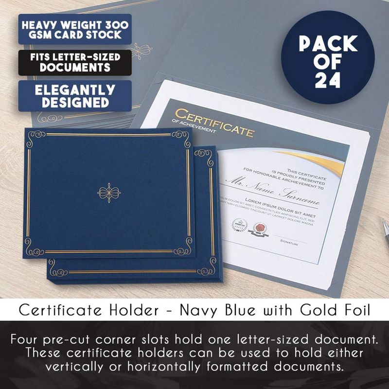 24 Pack Diploma Cover Holders for Letter-Sized Award Certificate, Gold Foil Border, Navy Blue