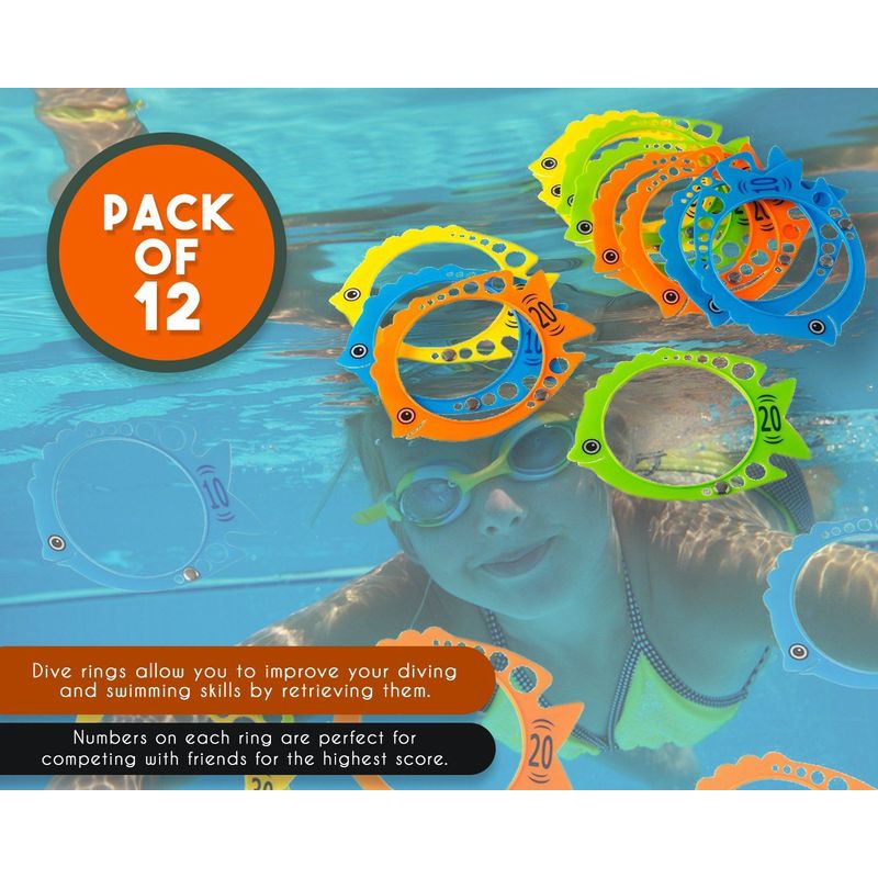 Fish Shaped Pool Diving Water Rings for Kids, Swimming Dive Toys (12 Pack)