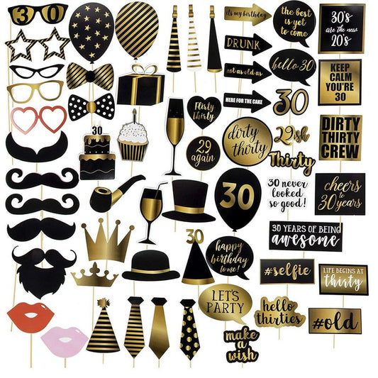 30th Birthday Photo Booth Props - 60-Pack Birthday Party Supplies, Selfie Props, Party Favors for Cocktail Parties, Black and Gold