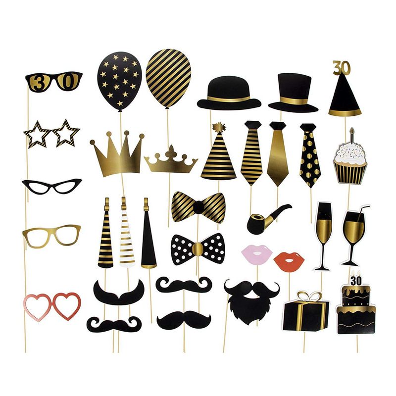 30th Birthday Photo Booth Props - 60-Pack Birthday Party Supplies, Selfie Props, Party Favors for Cocktail Parties, Black and Gold