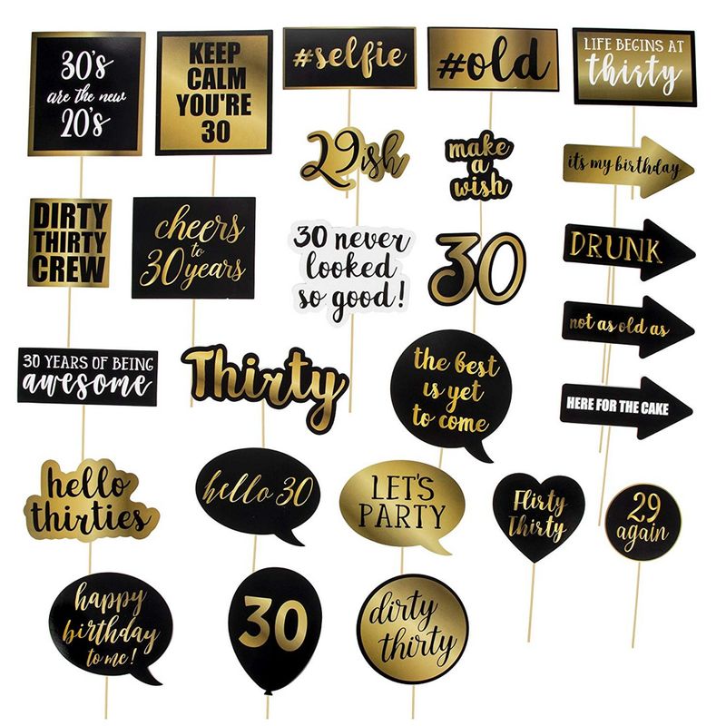 30th Birthday Photo Booth Props - 60-Pack Birthday Party Supplies, Selfie Props, Party Favors for Cocktail Parties, Black and Gold