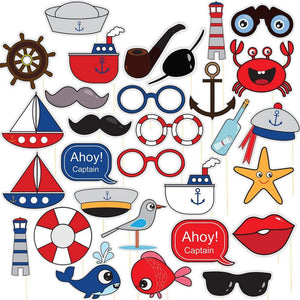 Nautical Pre-Assembled Photo Booth Props - 30-Pack Pre-Made Ocean Theme Party Supplies, Sailor Party Favors, Anchor Props, Kids Birthday Decoration Accessories on Bamboo Sticks, Assorted Designs