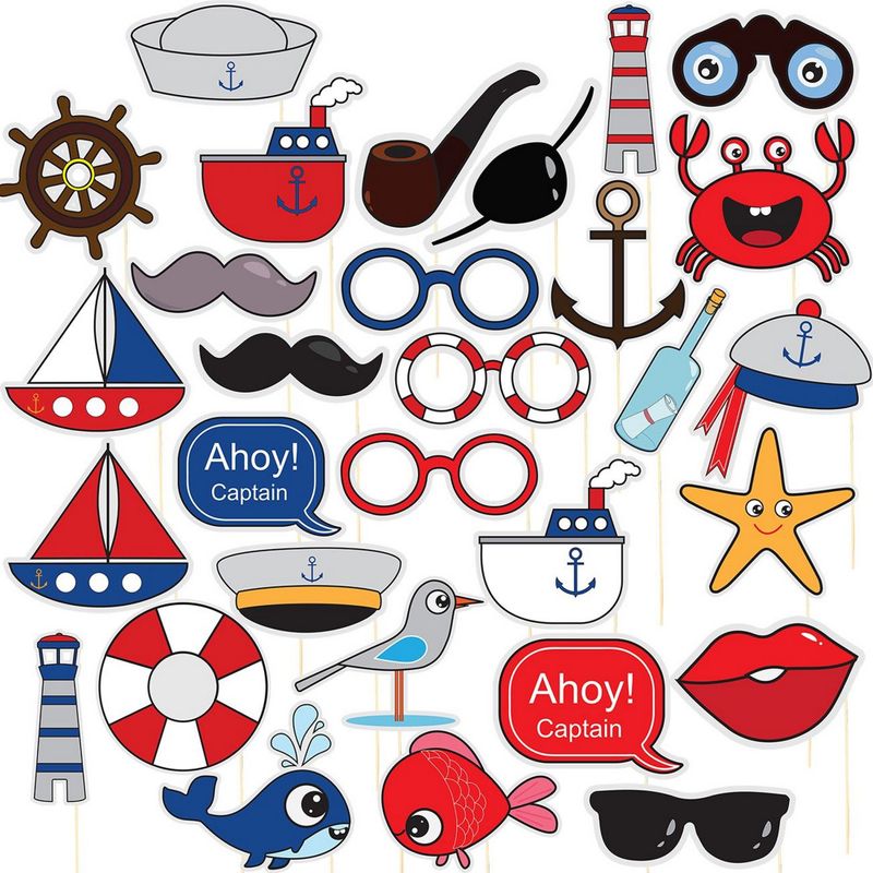 Nautical Pre-Assembled Photo Booth Props - 30-Pack Pre-Made Ocean Theme Party Supplies, Sailor Party Favors, Anchor Props, Kids Birthday Decoration Accessories on Bamboo Sticks, Assorted Designs