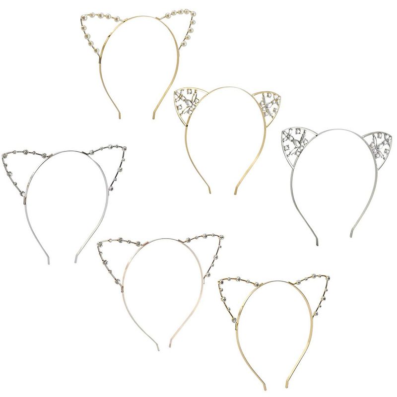 Cat Ear Headbands for Halloween Costumes, Cosplay (Silver, Gold, 6 Pack)