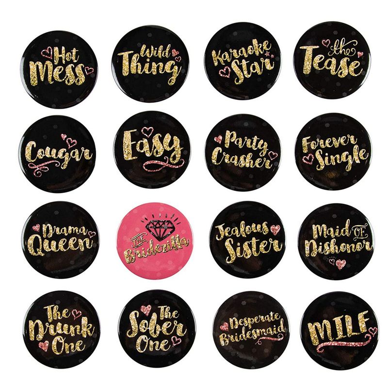 Bachelorette Party Buttons, Bridal Shower Pins in 16 Designs (2.25 in, 16-Pk)