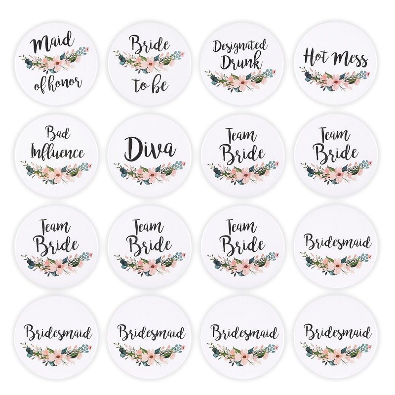 16 Pack - Bridal Party Pins - Wedding Party Buttons - Bridesmaid Gifts, Favors & Gifts, Team Bride, Maid of Honor Party Supplies, White, 8 Unique Designs