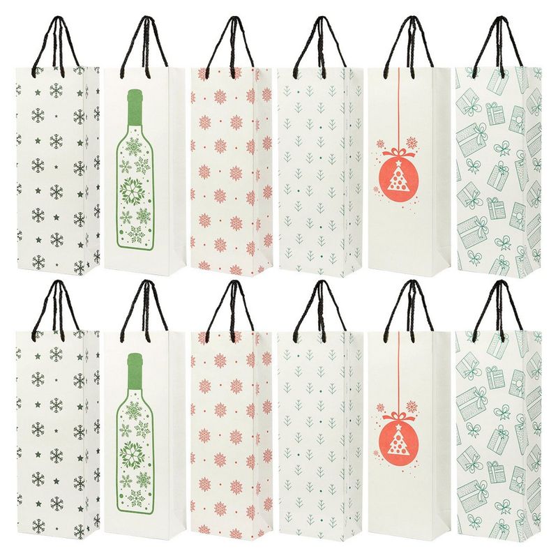 Holiday Wine Gift Bags with Handles, 6 Christmas Designs (5.5 x 15 x 3.2 In, 24 Pack)