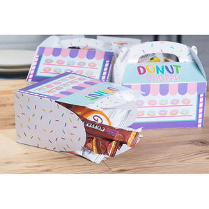 Treat Boxes - 24-Pack Paper Party Favor Boxes, Donut Shop Design Goodie Boxes for Birthdays and Events, 2 Dozen Party Gable Boxes, 6 x 3.3 x 3.6 inches