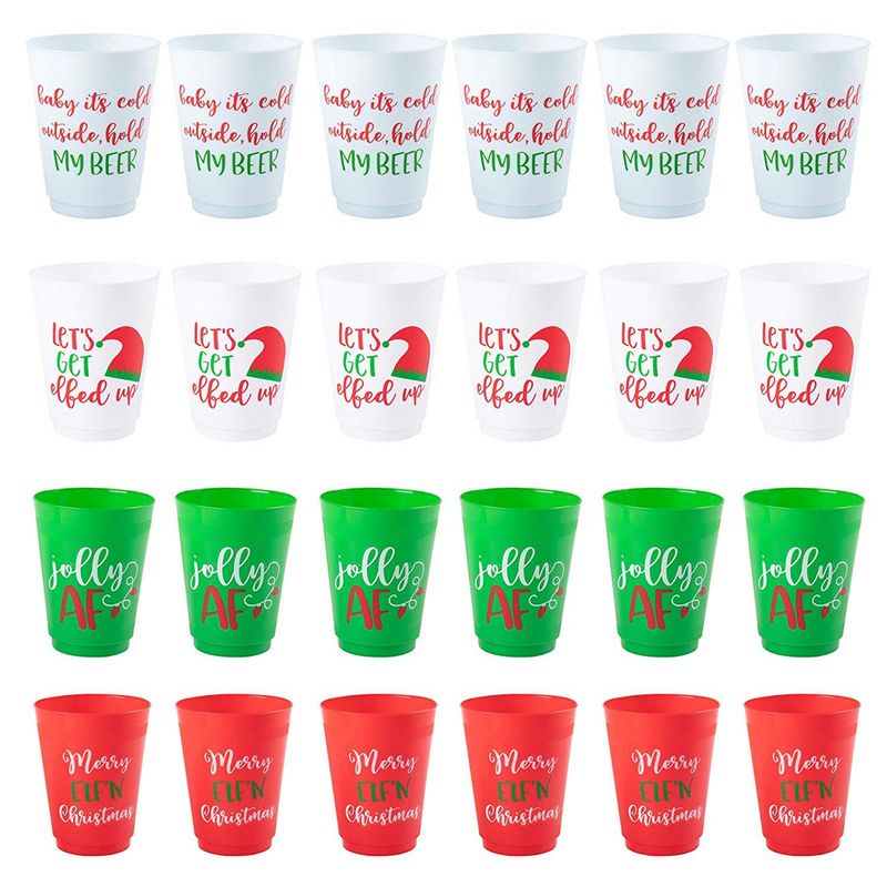 Christmas Party Cups, Reusable Plastic Tumblers, Holiday Designs (16 Oz, 24 Pack)