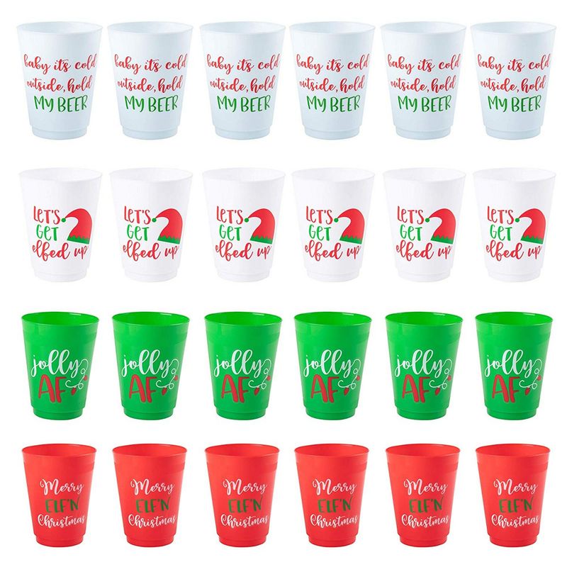 24 Pack Plastic Christmas Cups for Kids, 16oz Reusable Tumblers for Holiday  Party Supplies (4 Designs)