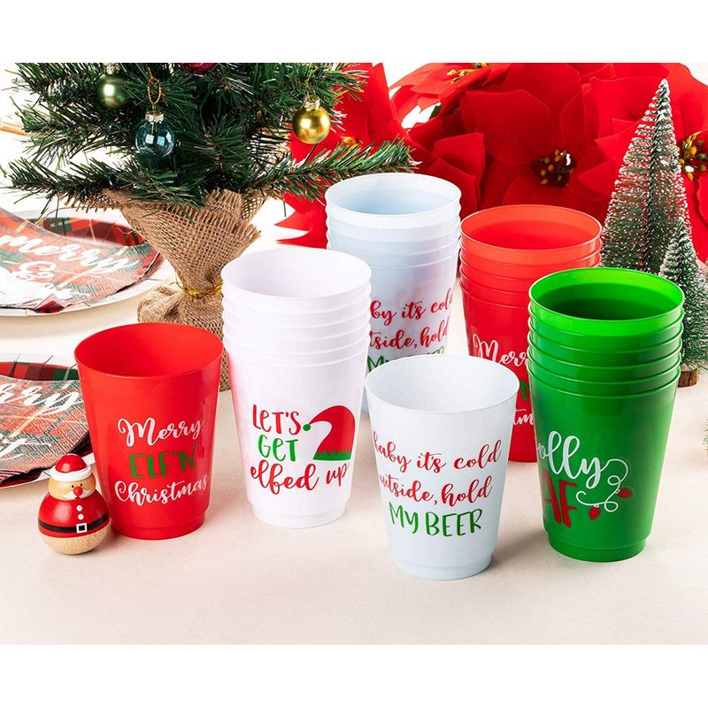 24 Pack Plastic Christmas Cups, 16oz Reusable Tumblers for Holiday Party Supplies Decorations (4 Designs)
