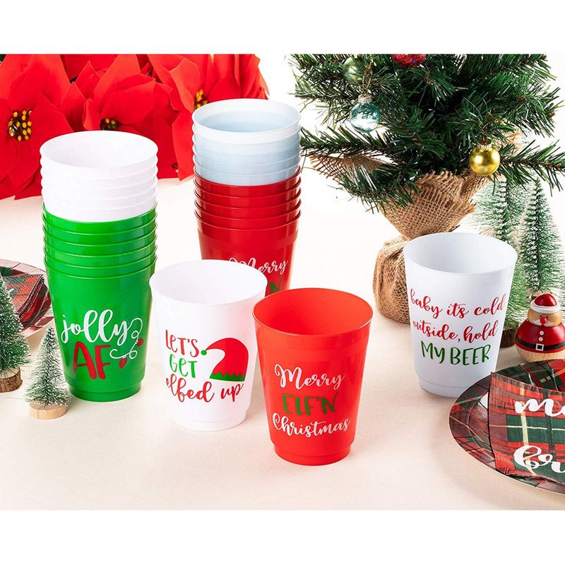 Christmas Party Cups, Reusable Plastic Tumblers, Holiday Designs (16 Oz, 24 Pack)