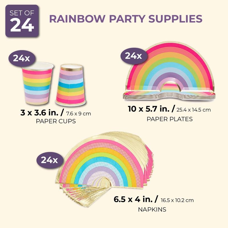 Rainbow Party Bundle, Includes Plates, Cups and Napkins (Serves 24 Guests)