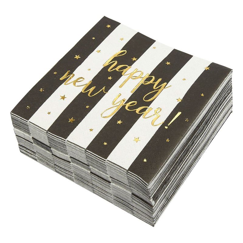 Happy New Year Party Supplies, Gold Foil Napkins (Black, White, 5 x 5 In, 50 Pack)