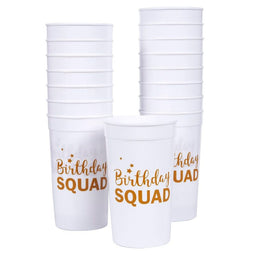 Birthday Squad Plastic Party Cups, 16 Oz White Tumblers (3 x 5.1 x 3 In, 16-Pk)