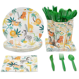 Jungle Theme Safari Birthday Animal Party Decorations Plates and Dinnerware Supplies (144 Pieces, Serves 24)