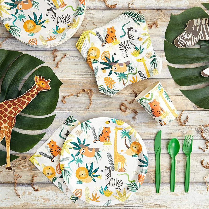 Jungle Theme Safari Birthday Animal Party Decorations Plates and Dinnerware Supplies (144 Pieces, Serves 24)