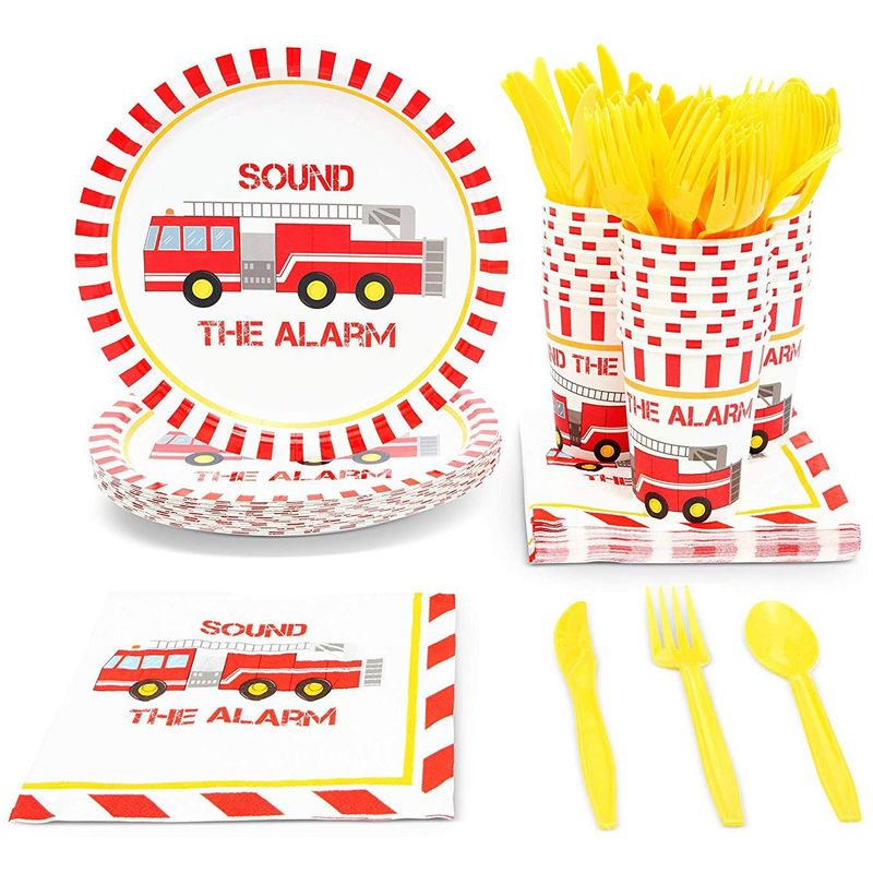 Fire Truck Birthday Party Dinnerware Set, Sound the Alarm (144 Pieces, Serves 24)