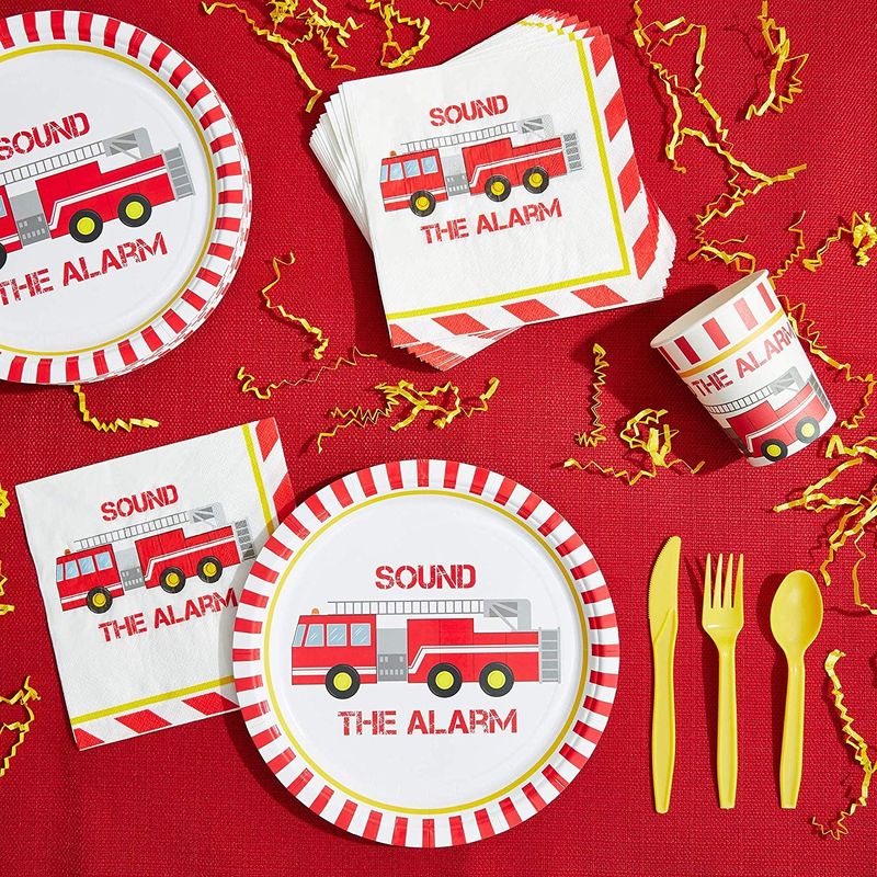 Fire Truck Birthday Party Dinnerware Set, Sound the Alarm (144 Pieces, Serves 24)