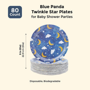 Blue Panda Twinkle Star Plates for Baby Shower, Parties (80 Count) 9 Inches