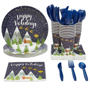 Happy Holidays Dinnerware Set, Paper Plates, Plastic Cutlery, Cups, and Napkins (Serves 24, 144 Pieces)