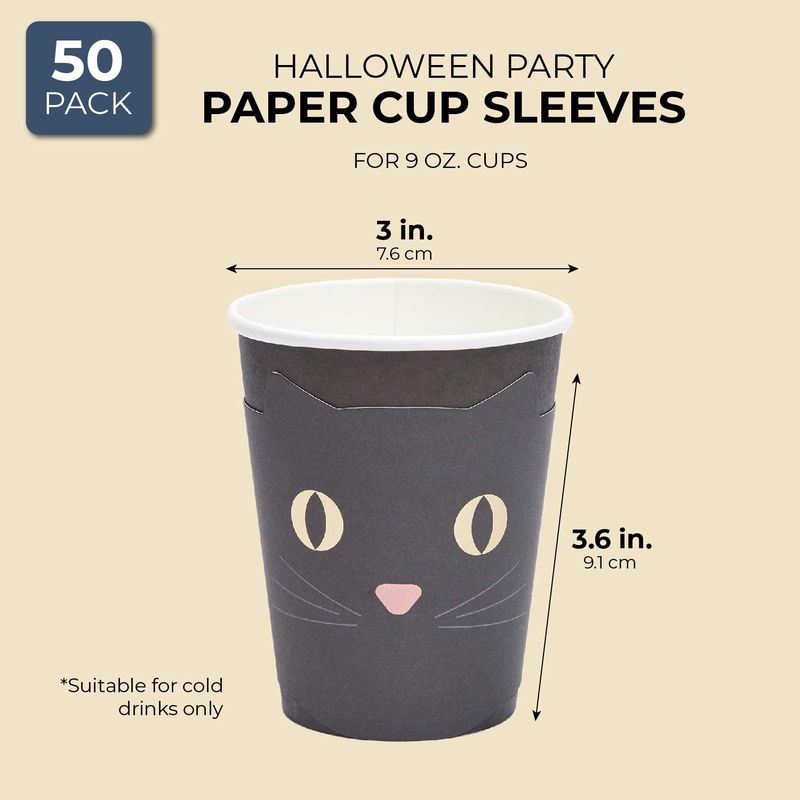 Black Cat Party Cups and Die-Cut Cat Sleeves for Halloween (50 Pack, 9 Oz)