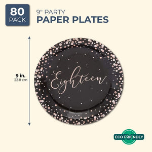 18th Birthday Party Paper Plates with Rose Gold Foil Polka Dots (9 in, 80 Pack)