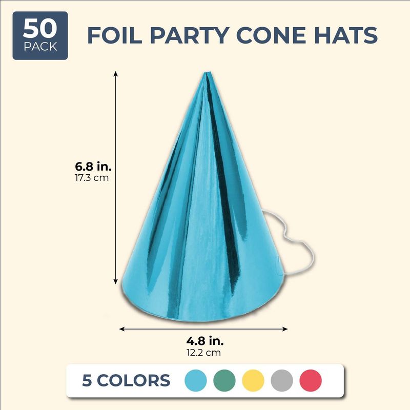 Cone Party Hats, Metallic Foil (4.8 x 6.8 In, 50-Pack)