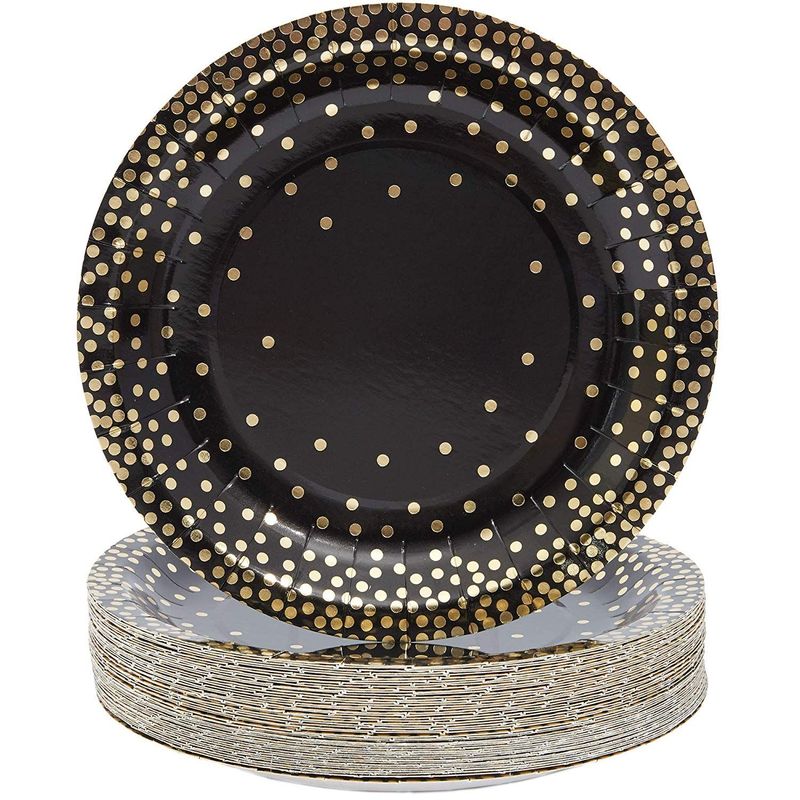 Black Paper Plates with Gold Foil Dots, Birthday Party Supplies (9 In, 48-Pack)