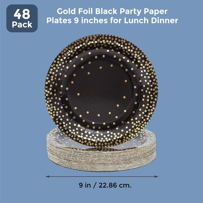 Black Paper Plates with Gold Foil Dots, Birthday Party Supplies (9 In, 48-Pack)