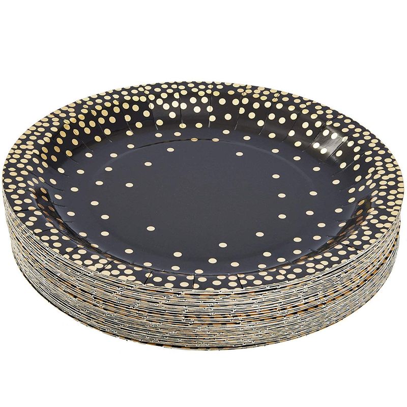 Black Paper Plates with Gold Foil Dots, Birthday Party Supplies (9 In, 48-Pack)