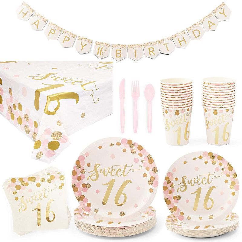 Rose Gold Sweet 16 Birthday Party Supplies (Serves 24, 170 Total Pieces)