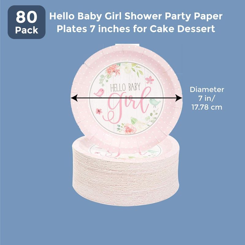 Hello Baby Girl Shower Party Paper Plates 7 inches for Cake Dessert (80 Pack)
