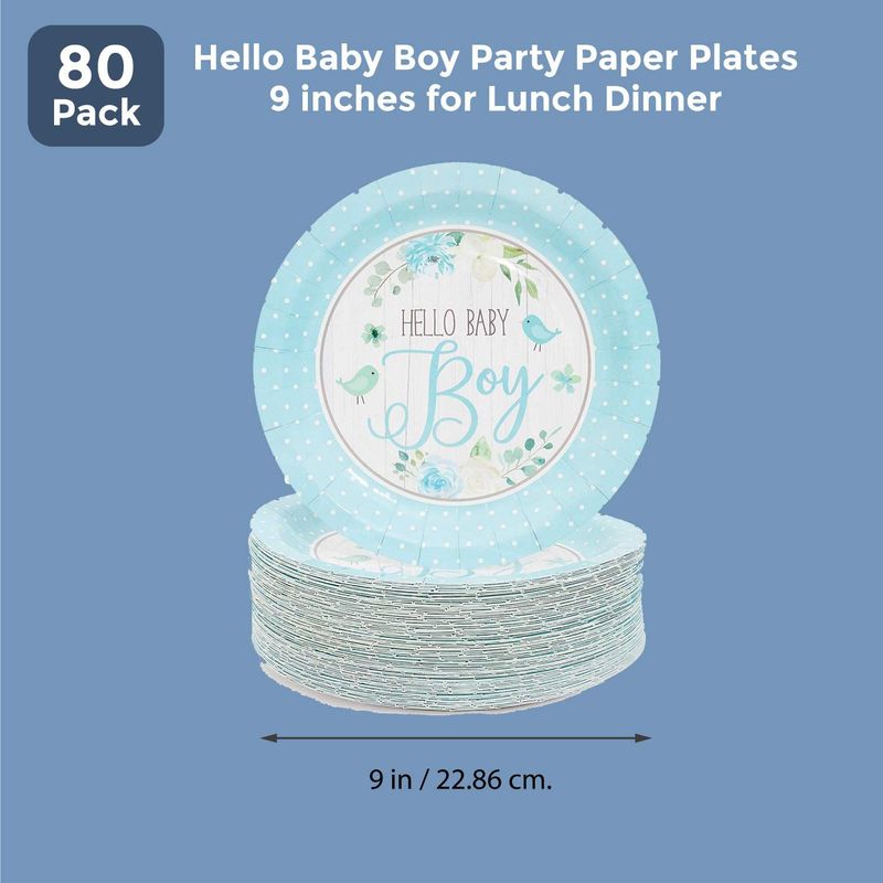 Blue Party Paper Plate for Baby Shower, Hello Baby Boy (9 In, 80 Pack)