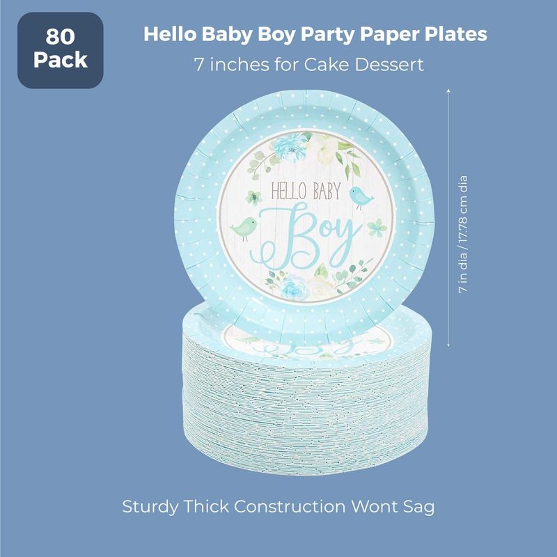 Hello Baby Boy Party Paper Plates 7 inches for Cake Dessert (80 Pack)