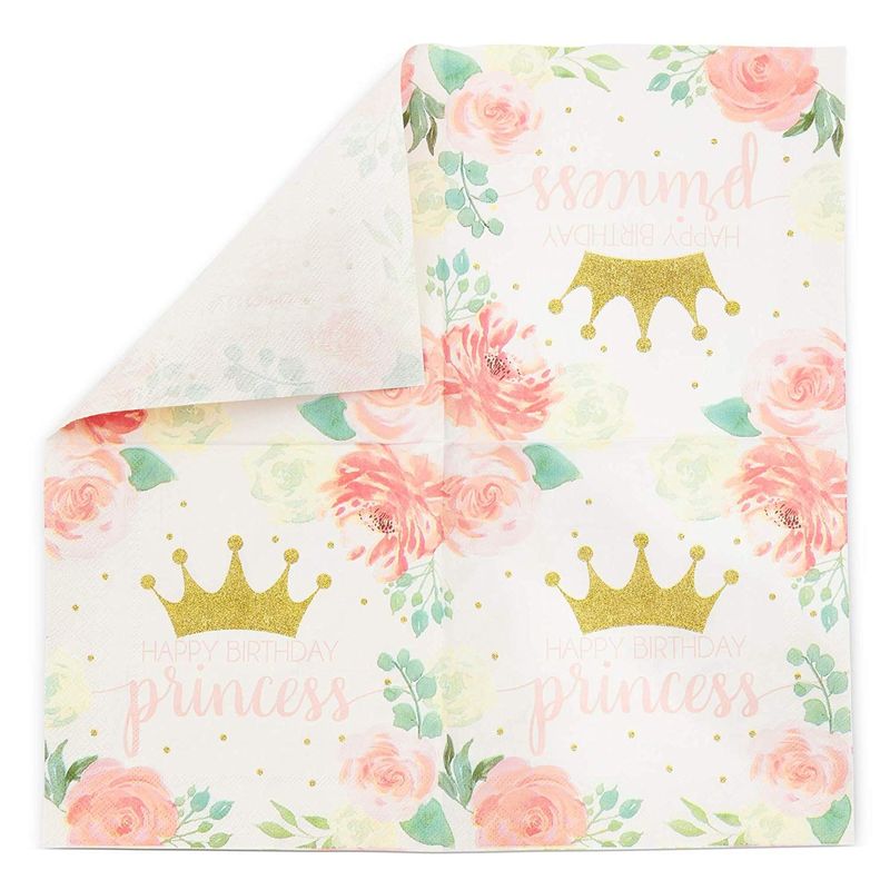 Pink Princess Paper Napkins for Kids Birthday Party (6.5 x 6.5 In, 100 Pack)
