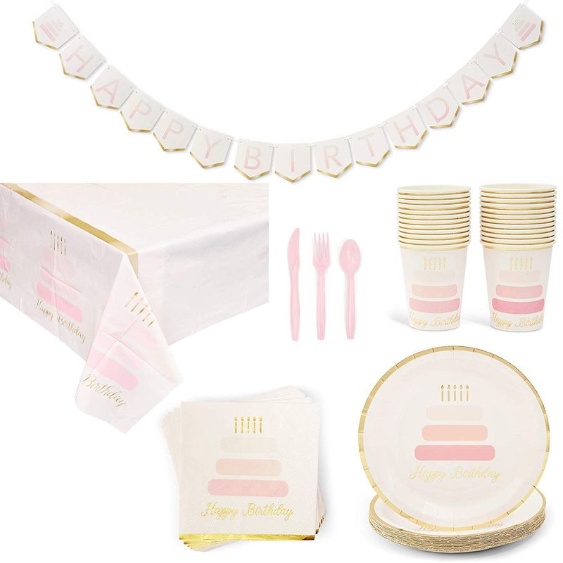 Happy Birthday Party Pack, Includes Dinnerware Set, Tablecloth, and Banner (Serves 24, 146 Pieces)