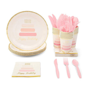 Happy Birthday Party Pack, Includes Dinnerware Set, Tablecloth, and Banner (Serves 24, 146 Pieces)