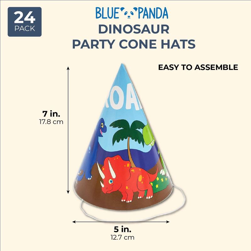 Dinosaur Birthday Party Cone Hats (5 x 7 in, 24 Pack) Blue