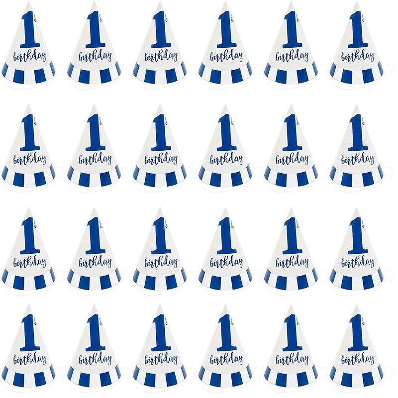 1st Birthday Party Cone Hats (5 x 7 in, 24 Pack) Blue