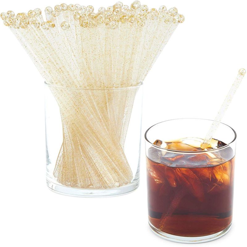 Blue Panda Gold Glitter Swizzle Sticks for Cocktails (Pack of 100)