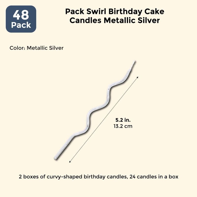 Blue Panda 48 Pack Swirl Birthday Cake Candles Metallic Silver - 5 inches