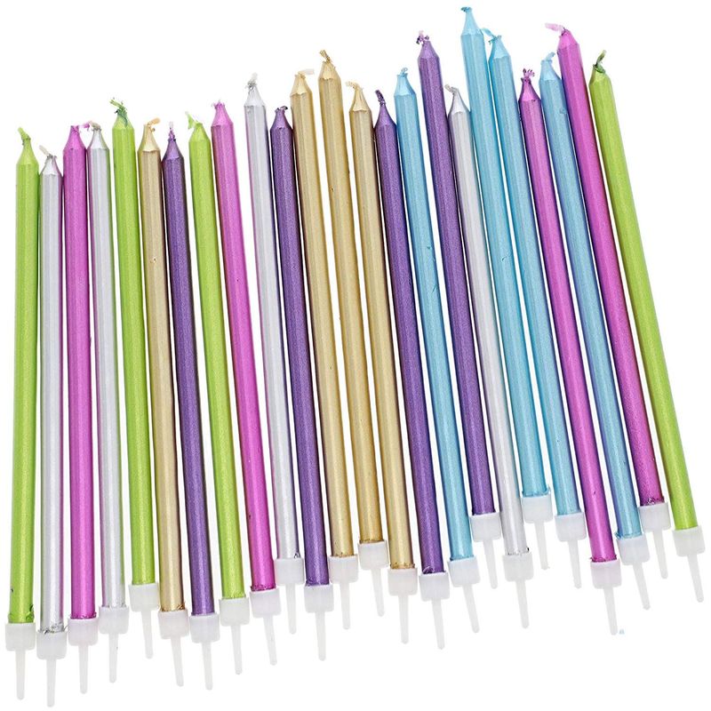 Multicolored Metallic Long Thin Birthday Cake Candles in Holders (5 in, 48 Pack)